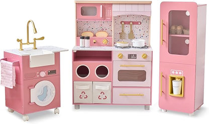Teamson Little Chef Savannah Wooden Montessori Pretend Play Kitchen for Toddlers Kids Ages 3+ Modular Three-Piece Set with Sink Cart Stove & Fridge for Boys and Girls Playset – Pink