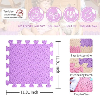 Foam Play Mat for Baby, 0.4 Inch Thicked Interlocking Floor Mats with Solid Colors, Soft Non-Toxic Squares Baby Play Mat, EVA Foam Puzzle Floor Mat for Toddler, 16 Tiles(Pink/Beige/Purple)