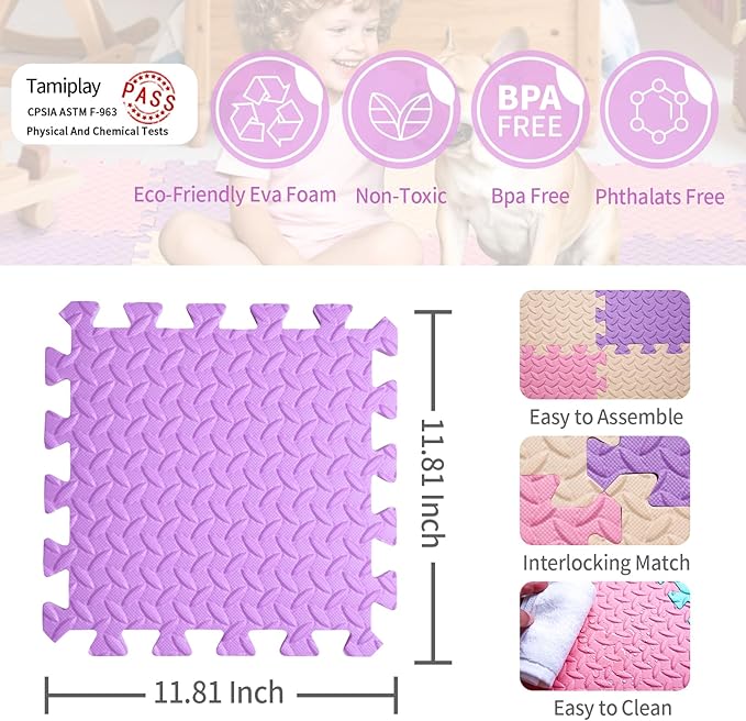 36 Tiles Foam Play Mat for Baby, 0.4 Inch Thick Foam Interlocking Floor Mats, Soft Non-Toxic Baby Playmat, Solid Colored Puzzle Play Mat Kids Floor Mats for Toddler(Pink/Beige/Purple)