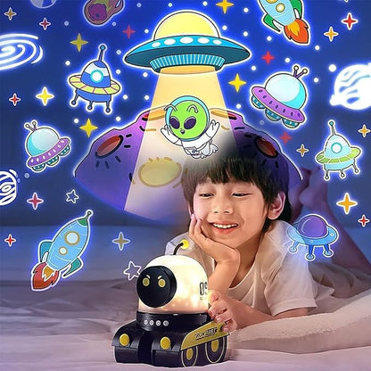 Kids Cartoon Projector Lamp, Cartoon Robot Car Projection Lamp, Rechargeable Robot Night Light with Music, Universe Starry Sky Rotate LED Animal Holiday Room Decor, 21 Discs(1pc)