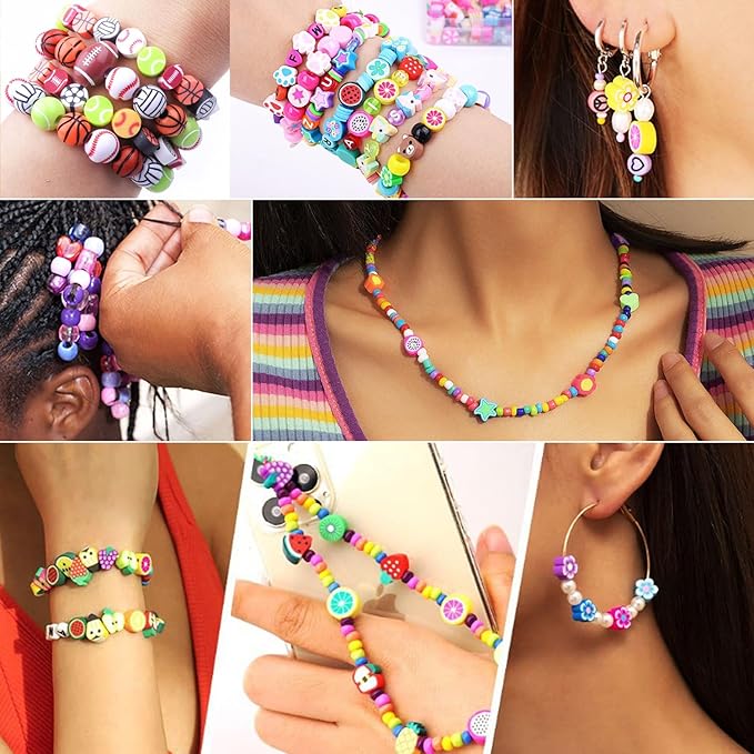 1000PCS Polymer Clay Beads Bracelet Making kit, 24 Style Cute Fun Beads Sports Ball Beads Volleyball Softball Baseball Basketball Soccer Rugby Football Charms for Jewelry Making DIY for Women Girls