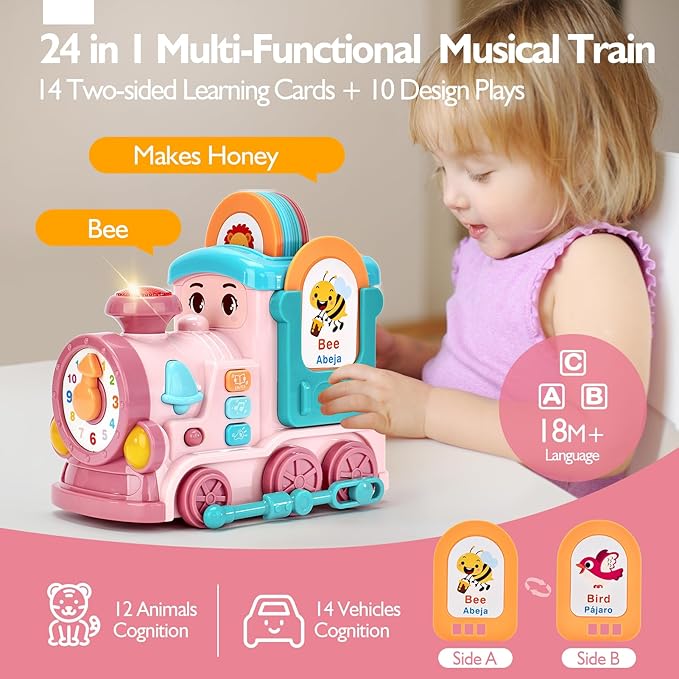 hahaland Musical Toy for Baby Girl Gifts，First Year Activity Musical Train with Talking Flash Cards Bilingual (EN/ES), Educational Learning Toys for Toddlers, Baby Toys 18-36 Months Girl Easter Gifts