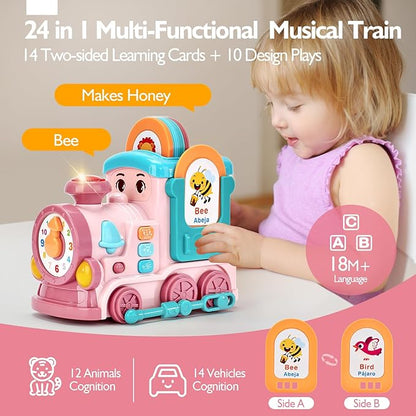 hahaland Musical Toy for Baby Girl Gifts，First Year Activity Musical Train with Talking Flash Cards Bilingual (EN/ES), Educational Learning Toys for Toddlers, Baby Toys 18-36 Months Girl Easter Gifts