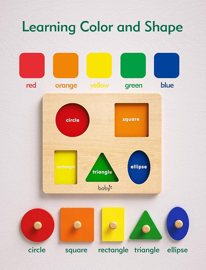 Boby Montessori Wooden Puzzle Board Knob Wooden Puzzle Geometric Shape Puzzle Early Education Material Sensorial Toy for Toddler Shape & Color Sorter (5 Geometry Shape)