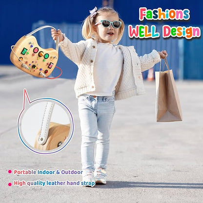 Montessori Toddler Busy Board, Wooden Busy Board with 17 LED Lights Switch, Travel Toys for Toddlers 1-3 Years,Toddler Sensory Boards, Toys for 1 Year Old Girls