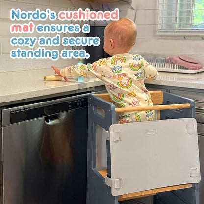 Toddler Kitchen Stools Helper with Adjustable Height and Anti-Slip Protection, Kids Standing Tower with Safety Rail, Kids Montessori Stool with Learning Chalkboard, Natural