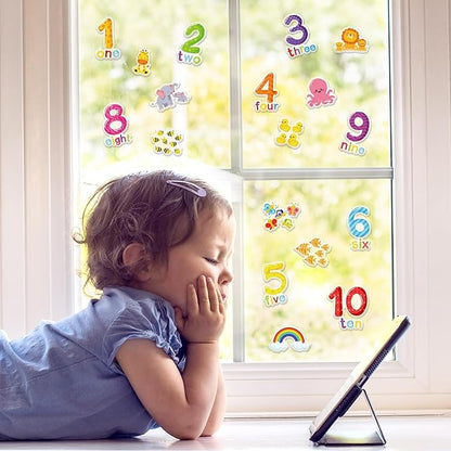 Whaline 40Pcs Number Thick Gel Clings Cute Animals Numbers 1-10 Window Gel Decals Colorful Word Spelling Window Clings for Early Education Learning Home Classroom Nursery Decor
