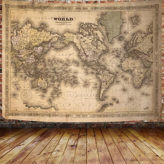 GOAOK Retro Old World Map Tapestry, Vintage Map Asian Northern European Topography Earth Educational Tapestry for Classroom, Brown Adventure Travel World Map Office Tapestry Wall Art 80"X60"