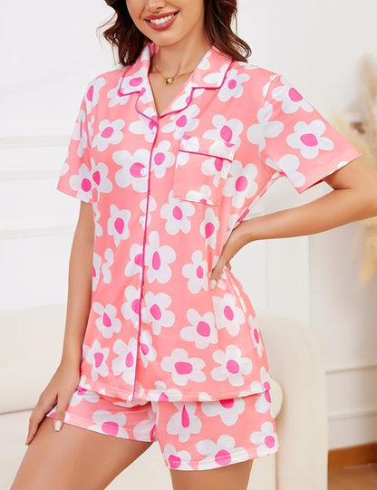 SWOMOG Womens Button Down Pajamas Set Short Sleeve Sleepwear Bride Soft Pj Lounge Sets XS-3XL