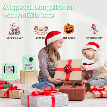 Instant Print Camera for Kids, 1080P Video Camera with 3 Print Rolls, 32GB Card & Cute Cover, Gift for Girls Boys Age 3-12, Toddler Digital Camera with Games, Filters, Music – Green