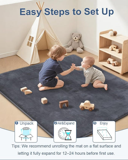 Thick Baby Play Mat for Floor,59 x 71 Playpen Mat,Large Tummy Time Foam Mat,Ultra Soft Support & Plush Feel Nursery Rug,Easy Care with Non-Slip Cushioned for Infant,Kids and Toddler Crawling,Dark Grey