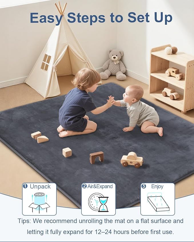 Large Thick Baby Play Mat for Floor,Padded 74x50 Playpen Mat,Foam Tummy Time Mats,Soft Support&Plush Feel Nursery Rug,Non Slip for Toddler,Infants,Kids Play,Yoga,Baby Crawling Mats (Dark Grey)