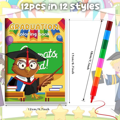 BenLouis 12 Kindergarten Graduation Mini Coloring Books Kids with 12 Stacking Crayons Preschool Classroom Party Favors Small Activity Books Bulk for Kids Student Grad Party Gift Goodie Bag Stuffers