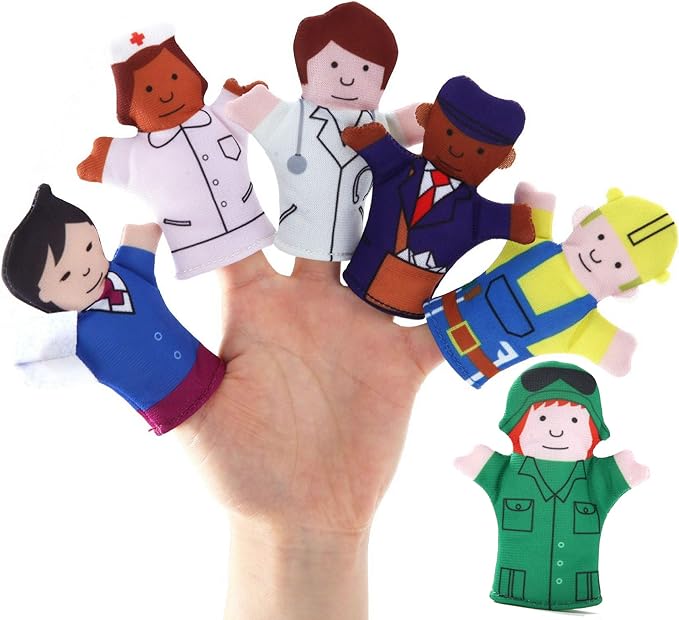 Happy Helpers Finger Puppets 12-Piece Set - Teach and Learn with a Variety of Neighborhood People Characters - Free Bonus E-Book - for Families, Children, Kindergarten, Play and ESL