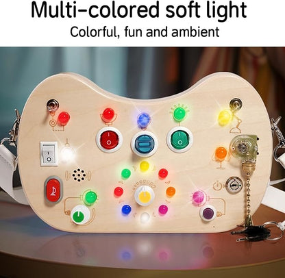 Wooden Autistic Sensory Toy, Shoulder Bag Style LED Switch Board for Toddlers, Suitable for Children 3-6 Years Old to Develop fine Motor Skills