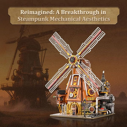 PANTASY Steampunk Windmill Workshop Building Set - Dutch Windmill Architecture with Mechanical Drive with Motorized Rotating Blades,Gear Details,and Openable Wall - Collectible Display Kit for Adults