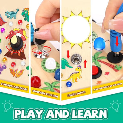 Dinosaur Busy Board, Wooden Toddler Toy, Sensory Travel Toy, Ideal Gift for 1-3 Years Old Boys (Dinosaur Busy Board Plus V2), Blue