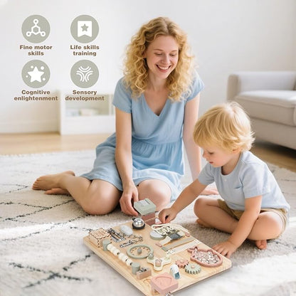 Joyreal Montessori Large Busy Board with Stand, Montessori Sensory Toys for Fine Motor Skills, Wooden Fidget Activity Board for Toddlers, Gifts for Boys Girls (Large Neutral)