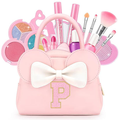 Kids Real Makeup Kit for Girls - 18Pcs Non-Toxic Washable Make Up Toys with Initial Toddler Purse - Personalized Birthday Gifts for Age 3 4 5 6 7 8 9 10 Years Old Girls Vanity Set - P