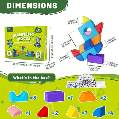 Magnetic Blocks for Toddlers 3-5, Large Magnetic Building Blocks Set, Colorful Stacking Blocks in 7 Fun Shapes, Preschool Learning Kit, Montessori & Sensory Toy for Kids Ages 3+ (14PCS)