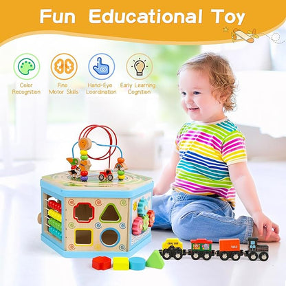 Wooden Activity Cube 9-in-1 Montessori Toys for 1+ Year Old Boys Girls Educational Learning Toys for Toddlers Age 1-2 One Year Old First Birthday Gift Bead Maze Magnetic Trains Track Shape Sorter