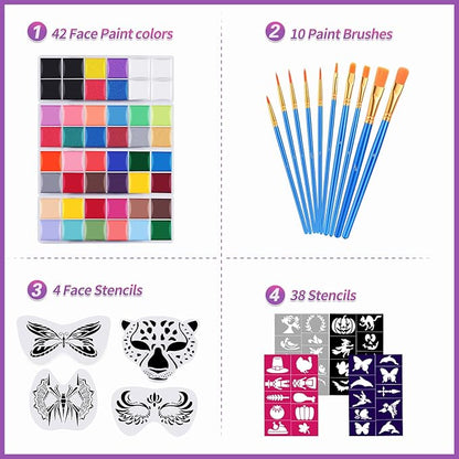 VESPRO Professional Face Body Paint Kit,42 Colors Oil Face&Body Paint Kit (26 Classic Colors+10 Metal Colors +6 UV Glow Colors) with 10 Size Brushes 4PCS Reusable Large Face Stencils and 4PCS Small Paint Stencils for Kids’ and Adults’ Halloween Makeup