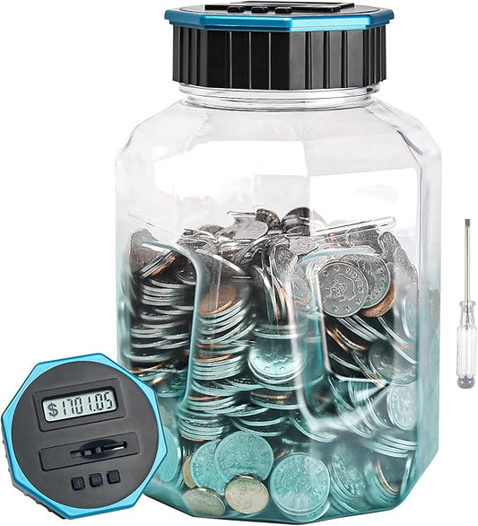 X-Large Piggy Bank for Adults Kids, Vcertcpl Digital Coin Counting Bank with LCD Counter, 2.4L Capacity, Great Coin Counter Bank Money Counting Jar with Total Amount Displayed (G Blue, X-Large)