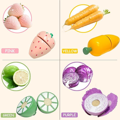 WHOHOLL Play Food Set for Play Kitchen Accessories, Wooden Toys Food Pretend Cutting Food with Apron, Montessori Velcro Fruit and Veggies for Toddlers 3+ Years Old Girls Boys
