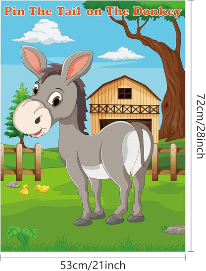 FEPITO Pin The Tail on The Donkey Party Game with 24 Pcs Tails for Kids Birthday Party Decorations, Carnival Circus Party Supplies