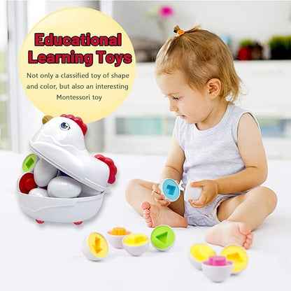 Easter Matching Eggs Toddler Toy with Push & Pull Chicken Box, 12 Pcs Montessori Sorter Learning Educational Toy, Multiple Shapes and Colors Fine Motor Skills Sensory Toy, Gift for Boys Girls