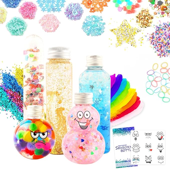 Sensory Bottles Kits for Calm Down Corner Supplies Magic Mixies Sensory Toys for Toddlers1-3 Kids with Glitter, 5 Fun Shaped Containers