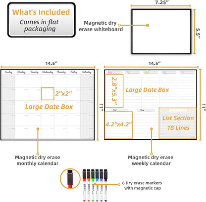 JJPRO Magnetic Dry Erase Monthly Calendar and Weekly Whiteboard for Fridge-Monthly Planner,Weekly Dry Erase Board for Refrigerators,One Bonus Notepad/to Do/Grocery List