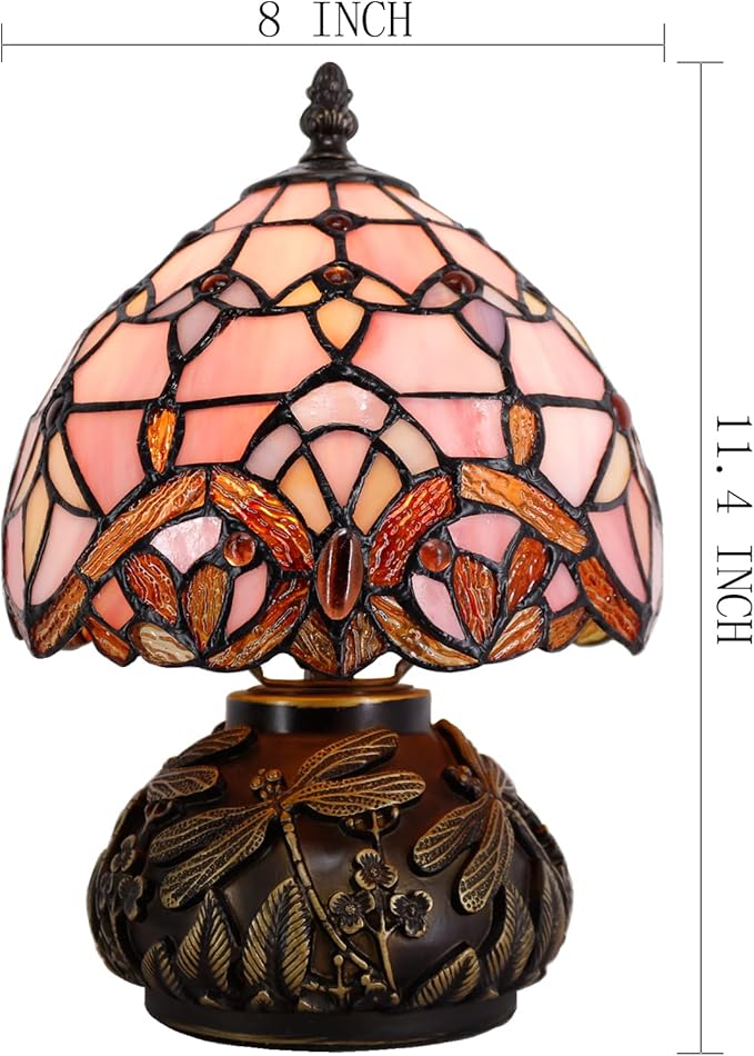 WERFACTORY Small Tiffany Lamp Desk Pink Stained Glass Baroque Mushroom Table Lamp Bronze Mini Accent Lamp W8H11 Inch S003P Series