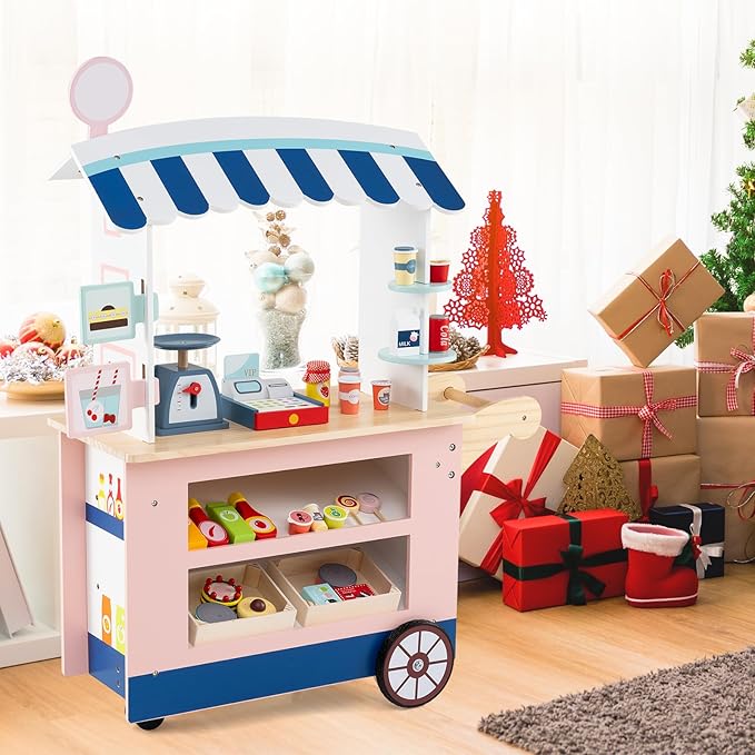 HONEY JOY Kids Food Cart, 30-Piece Toddler Pretend Play Grocery Store Playset w/Cash Register & Scale, Wooden Dessert Shop Play Market, Children Beverage Stand Cart w/Wheels, Gift for Boys Girls