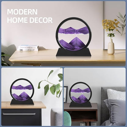 Moving Sand Art Liquid Motion, 3D Deep Sea Sandscape Color Quicksand Decor, Round Glass Moving Sand Art Picture Relaxing Desktop Home Office Work Decor (Purple, 7 inch)