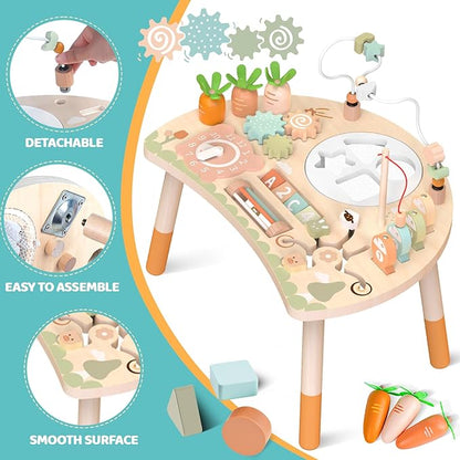 Activity Table for 1+ Year Old, 9-in-1 Montessori Wooden Sensory Play Table with Shape Sorter Fishing Game Bead Maze, Baby Activity Center Learning Toys for Toddler 12-18 Months