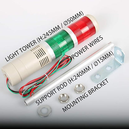 Industrial Signal Column, LED Alarm Tower Lamp Flash Indicator, 2-Layer Stack Warning Light With Buzzer for Safety (24V/Sound/Steady ON)