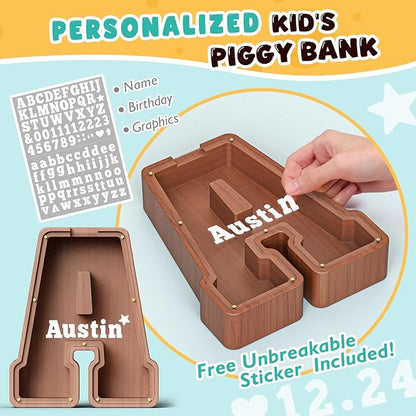 Summidate Wooden Letter Piggy Bank, Extra Thick Large Capacity Piggy Bank for Kids Boys Girls Toddler, Alphabet A Money Bank| Coin Box Birthday, Christmas, Festival