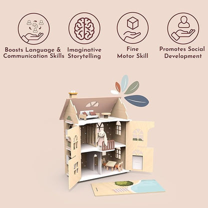 SPEEDY MONKEY Flowers Cottage Wooden Dollhouse with Starter Set | Pretend Play Doll House for Toddlers & Preschoolers | Fun Playhouse for Boys & Girls, Ideal for Imaginative Storytelling Playset