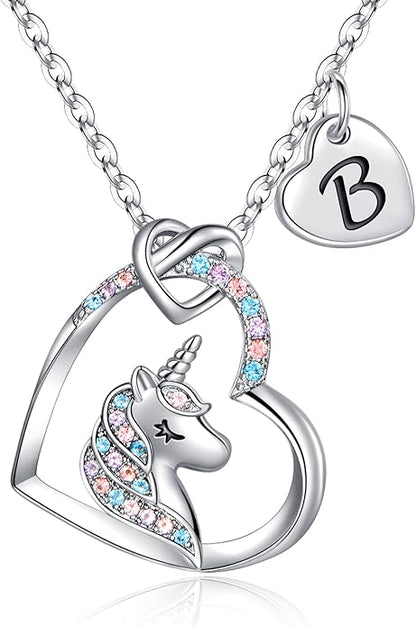 Hidepoo Unicorn Necklace Gifts for Girls - Colorful CZ Heart Pendant Initial Unicorns Necklaces for Teens Little Girls Jewelry Birthday Gift for Girl Daughter Granddaughter Niece