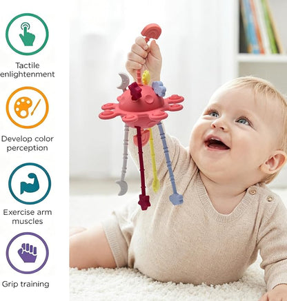 Silicone Baby Sensory Montessori Toys & Pull String Teething Toys for 6-12-18 Months, Toddler Birthday Gift Car Seat Airplane Travel Toy for 1 2 Year Old Boy Girl Infant 8 9 10 Months Old (Red)