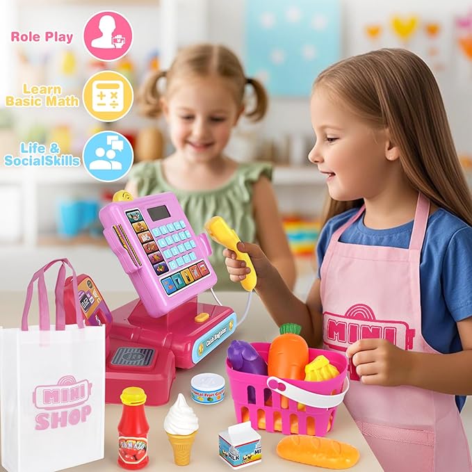 Dreamon Kids Cash Register Toy, Pretend Play Calculator Register Toys with Scanner, Apron, Credit Card, Play Food and Shopping Bag, Grocery Store Playset Preschool Gift for Kids Girls Age 3 4 5 6 7