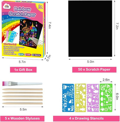 ZMLM Scratch Art Crafts Girls Gifts, 60 Rainbow Scratch Paper Art Gifts for 3 4 5 6 7 8 9 10 Years Old Girls and Boys Kids, Arts and Crafts for Kids 4-6 Birthday Toys and Games Activities Gift (Pink)