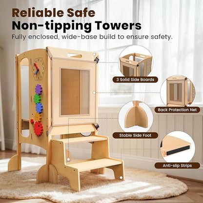Toddler Tower Foldable Toddler Kitchen Stool Helper with 2 Step Stool, Safety Net, Adjustable Height, Chalk-Whiteboard& Montessori Activity