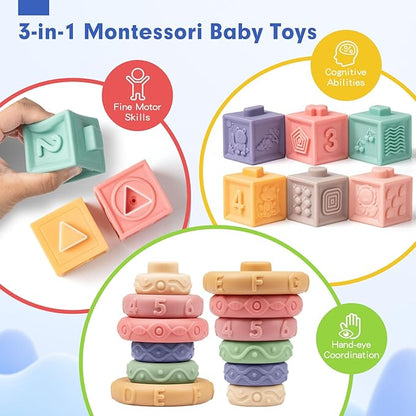Baby Sensory Teething Toys Set, Montessori Baby Toys 6-12 Months, Incl Newborn Rattle Teether & Baby Blocks & Soft Stacking Rings, Ideal Babies Boy Girl Gifts, Infant Toys 0-3-6-9-12-18 Month