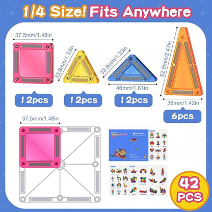 Travel Magnetic Tiles Toddler Toy Set, 42PC Mini Magnetic Tiles & Building Blocks for Kids, Portable STEM Sensory Toys for Restaurant & Airplane, Gift for 3+ Years Old Boys Girls with Iron Case