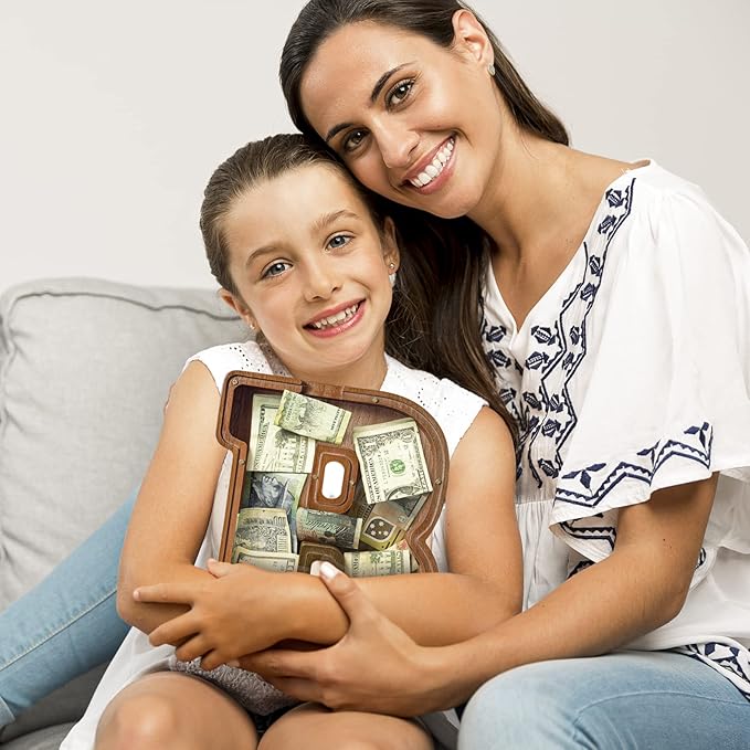 Summidate Large Wooden Piggy Bank for Kids Adults, Alphabets Letter A-Z Piggy Bank for Boys Girls, Coins Bills Change Bank Box Personalized Initial Name Kids Money Bank for Birthday Present and Decor