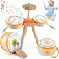 Kids Wooden Drum Kit, Montessori Musical Instruments for Toddlers, Baby Percussion Set Music Toys with Cymbal, Pedal Bass Drum & 2 Drumsticks, Educational Learning Birthday Gift for Boys Girls Ages 3+