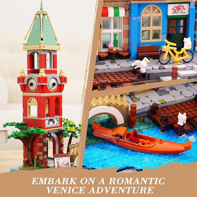 Venice Main Street Building Set for Adults, 2155 PCS City Riverside House Building Block Kit with Light Flower Shop Pizzeria, Home Decor Architecture Brick Model Women Men Teen Girl 12+