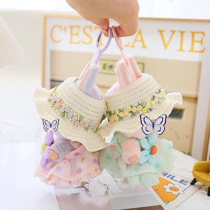 Clothes for Dolls Accessories (No Doll), Kawaii Hat Skirt Outfit Set 3 Pieces for 15cm 17cm Dolls Suit, Stylish Flower Doll Hat Clothing Set Replacement Pink